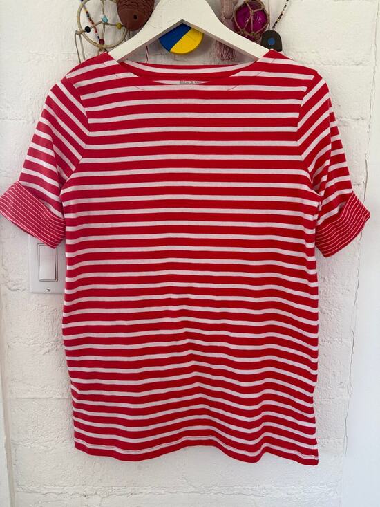 White Stag Tops - White Stag Coral Red White Breton Stripe Tee Medium Coastal French Sailor
